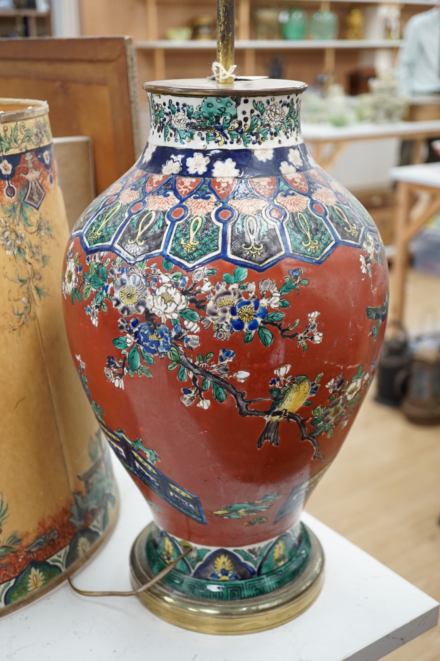A Japanese Kutani vase, converted to a lamp with hand painted paper shade, lamp 43cm high not including fitting. Condition - poor